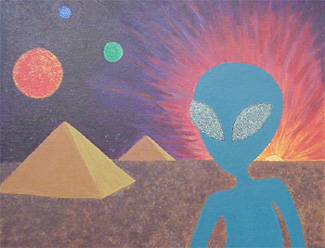 Blue Alien Being & Pyramids on Another World